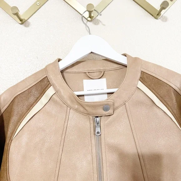 Avec Les Filles Faux Leather Racing Moto Bomber Colorblock Jacket NEW size Large - Picture 9 of 14